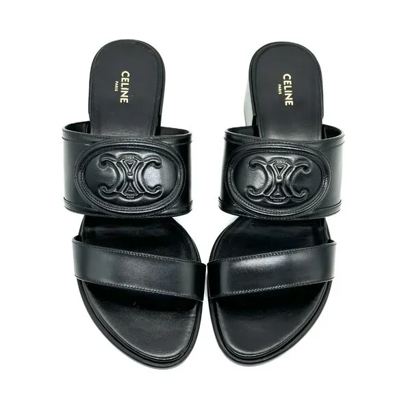 CELINE Appoline Lambskin Leather 40 Mule Slide Sandals Heels Triomphe Logo - Picture 7 of 13